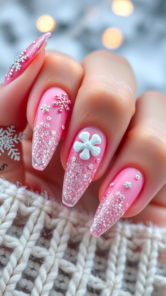 Festive Pink Acrylic Nails for Winter Christmas Festive pink acrylic nails with winter decorations, featuring glitter and snowflakes.